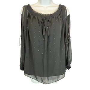 Guess Toya Black Shimmer Sheer Lined LS Off-Shoulder Smocked Blouse S NWT Top